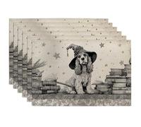 Halloween Dog Placemats, Black White Vintage Cocker Spaniel Design for Dining Table, Non-Slip Washable Indoor Outdoor Party Decorative Placemat Set of 6