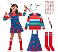 Halloween Doll Costume for Girls,35Pcs Halloween Costumes Set | Cosplay Outfit with Creepy Killer Doll Dress Tops Socks Bloody Knife Scar Tatto Sticker for Kids Horror Fancy Dress Parties