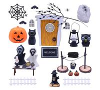 Halloween Dollhouse Decoration, 34 Pieces Halloween Miniature Gnome Set Miniature Yellow Wooden Gnome Door Complete Set Halloween Party Decoration Accessories Garden Theme Pumpkin Elf, Ghost, Bats,