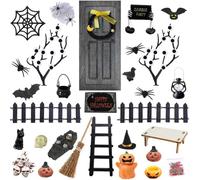 Halloween Dollhouse Decoration, Miniature Dollhouse Accessories, Miniature Halloween Dollhouse, Wooden Gnome Door, Complete Set, Spider Bats Pumpkin Elf Broom Witch Halloween Wreath Party Decoration