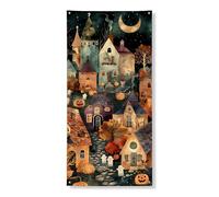 Halloween Door Cover Banner Decorative, Fanciful Haunted House Design, Autumn Festive Decor, Spooky Indoor Outdoor Backdrop 36x72 Inch