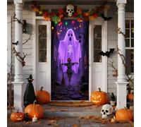 Halloween Door Cover Halloween Window Door Decorations Creepy Ghost Red-Eyed Scarecrow Haunted House Stickers Party Supplies Favors for Garage Window Wall Cover (#A, 180x90cm)
