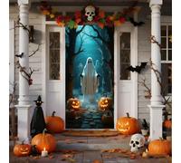 Halloween Door Cover Halloween Window Door Decorations Creepy Ghost Red-Eyed Scarecrow Haunted House Stickers Party Supplies Favors for Garage Window Wall Cover (#B, 180x90cm)