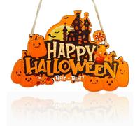 Halloween Door Decorations - 1Pcs Wooden Door Sign Pumpkin Decorations, Wooden Centerpiece Signs with Candy, Pumpkins, Bats, Castles Design, Happy Halloween Ornaments for Home Window Wall Decor