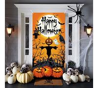 Halloween Door Decorations Banner, Happy Halloween Door Cover Backdrop, Fabric Pumpkin Ghost Hanging Door Poster Sign Banner for Outdoor Indoor Halloween Eve Porch Background Party Wall Decoration