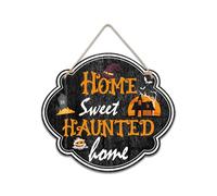 Halloween Door Decorations for Front Door Home Sweet Haunted Home Imitation Wooden Door Decor With Halloween Witch Hat Pumpkin Outdoor Decorations for Haunted House Halloween Party