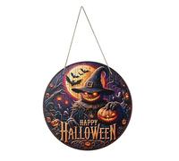 Halloween Door Hanger Sign Decorations, Round Pumpkin Bat Happy Halloween Wood Wreaths Decor for Front Door Farmhouse Porch Wall Decor Outdoor -11.8 inch