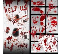 Halloween Door Horror Decoration, 1 Piece Halloween Door Decoration Stickers, 4 Wall Stickers with Bloody Handprints Bloody Footprints for Halloween Party Decoration