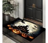 Halloween Door Mat Dark Castle Indoor Outdoor Doormat, Full Moon Pumpkins Bats Front Mats Rugs, Non - Slip Black Welcome Door Mats for Entrance Halloween Decorations 50x70 cm