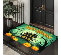Halloween Door Mat Gloomy Haunted House Indoor Outdoor Doormat, Pumpkins And Bats Front Mats Rugs, Non - Slip Green Welcome Door Mats for Entrance Halloween Decorations 40x60 cm