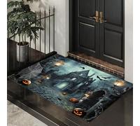 Halloween Door Mat Gothic Castle Indoor Outdoor Doormat, Pumpkins And Bats Front Mats Rugs, Non - Slip Black Welcome Door Mats for Entrance Halloween Decorations 50x80 cm
