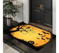 Halloween Door Mat Twisted Tree Pumpkin Indoor Outdoor Doormat, Flying Bats Cemetery Front Mats Rugs, Non - Slip Yellow Welcome Door Mats for Entrance Halloween Decorations 80x120 cm