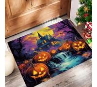 Halloween Door Mats Halloween Scenery Haunted House River Pumpkin Absorbent Non-Slip Low Profile Doormat | for Entrance, Inside, Kitchen, Machine Washable Front Door Mat for Pets or Dog 80 x 120 cm