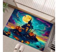 Halloween Door Mats Halloween Theme Haunted House Pumpkin Full Moon Absorbent Non-Slip Low Profile Doormat | for Entrance, Inside, Kitchen, Machine Washable Front Door Mat for Pets or Dog 60 x 90 cm