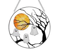 Halloween Door Sign For Wreath, 8in Acrylic Dead Tree Moon Ghost Plaque Hanging Ornament with Chain Pendant Decoration for Front Indoor Hanger Yard Party Wall Window Tree Car Craft Supplies Decor