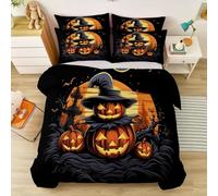 Halloween Double Duvet Set - Super Soft Warm Thermal Bedding Pumpkin Witch Hat Ghost Design Quilt Cover 200 x 200 cm, Black Fluffy Cosy Duvet Cover Set with Pillowcases