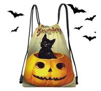 Halloween Drawstring Bag - Drawstring Backpack Gym 13X16.9 Inches | Candy Bags, Goodie Treats Bags, Candy Bags, Cat Sitting On A Pumpkin Design For Halloween Party