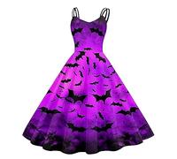 Halloween Dress for Women Sleeveless Gothic Dress Women Rockabilly Retro 1950s Spaghetti Strap Swing A-Line Dresses Cocktail Party Evening Prom Gown Halloween Lace Sleeveless Costumes Party Purple