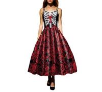 Halloween Dress for Women Suspender Dress Day of The Dead Costume Cocktail Dresses Day of The Dead Skeleton Costume Women for Parties Halloween Festivities Cosplay Apparel Red