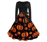 Halloween Dress Retro Long Sleeve V Neck Flare Vintage Hepburn Dresses Pumpkin Bat Witch Printed Cosplay Party Costume Cocktail Swing Dress Cute Novelty Gothic A-line Dresses b-White L