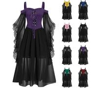 Halloween Dress Women Plus Size, Vintage Lace Renaissance Medieval Victorian Gothic Dress Cold Shoulder Flutter Sleeve Retro Steampunk Costume Rockabilly Goth 80s Dresses Ladies Purple