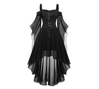 Halloween Dress Women Plus Size, Vintage Lace Renaissance Medieval Victorian Gothic Dress Cold Shoulder Gothic Renaissance Cosplay Party Dresses with Trumpet Sleeves for Party Cosplay Outfit Black