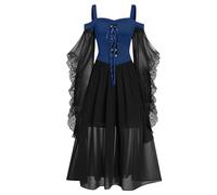 Halloween Dress Women Plus Size, Vintage Lace Renaissance Medieval Victorian Gothic Dress Cold Shoulder Flutter Sleeve Retro Steampunk Costume Rockabilly Goth 80s Dresses Ladies Blue