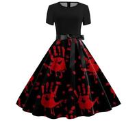 Halloween Dress Women's Halloween Costume Women's Scary Short Sleeve Elegant Round Neck Zombie Gothic Dress Sexy Vintage Bat Prints Vampire Costume Vampire Dresses Party Dress Festive Dresses