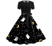 Halloween Dress Women's Halloween Costume Women's Scary Short Sleeve Elegant Round Neck Zombie Gothic Dress Sexy Vintage Bat Prints Vampire Costume Vampire Dresses Party Dress Festive Dresses