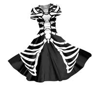 Halloween Dress Women's Short Sleeve Halloween Costume Women's Scary Skeleton 3D Print V-Neck Elegant Gothic Clothing Slim Fit Vintage Maxi Dress Corset Party Dress for Carnival Cosplay