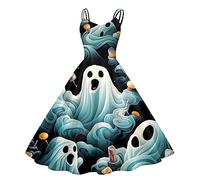 Halloween Dresses for Women 1950s Vintage Ghost Sleeveless V Neck Audrey Hepburn Spaghetti Straps Knee-Length Dress Festive Rockabilly Cocktail Midi Retro Ladies Dress, Sky Blue, M
