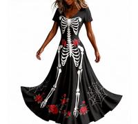 Halloween Dresses for Women Ladies Gothic Dress Skeleton Print Costume | V Neck Short Sleeve Plus Size Costumes Funny Skeleton Printed Halloween Flowy Maxi Dress Cosplay Party