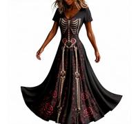 Halloween Dresses for Women Ladies Halloween Costumes Scary Skeleton Print Short Sleeve A Line Swing Ladies Dress Women's Fashion Black Vintage Skull Witch Rockabilly Party Cocktail Novelty Maxi Dress