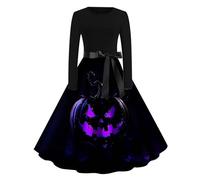 Halloween Dresses for Women Line A Retro Pumpkin Skeleton Print Long Sleeve Dress Casual Fashion Plus Size Party Novelty Costumes Scary Womens Halloween Costumes Black XXL