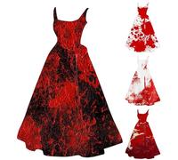 Halloween Dresses for Women Retro Bloody Print Skater Dresses Spaghetti Strap Round Neck Party Dress Bowknot A Line Dress High Waist Cocktail Swing Dress Halloween Carnival Costume