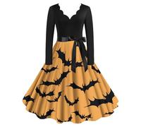Halloween Dresses for Women Retro Long Sleeve V Neck Dresses Bat Witch Printed Cocktail Swing Costume Vintage Hepburn Flared Dress Cute Novelty Gothic Cosplay Party Fashion Costumes Orange