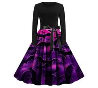 Halloween Dresses for Women Retro Long Sleeve V Neck Dresses Pumpkin Printed Flared Dress Vintage Cosplay Party Costume Cute Novelty Gothic Cocktail Swing Loose Fit Costumes Purple