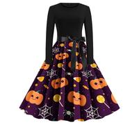 Halloween Dresses for Women Retro Long Sleeve V Neck Dresses Pumpkin Printed Flared Dress Vintage Cosplay Party Costume Cute Novelty Gothic Cocktail Swing Loose Fit Costumes Grey