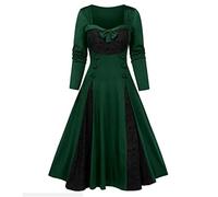 Halloween Dresses for Women Retro Square Neck Long Sleeve Dresses Fashion Cosplay Party Costumes Vintage Hepburn Flared Dress Cute Novelty Gothic Cocktail Swing Plus Size Costume Green