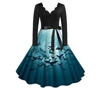 Halloween Dresses for Women Retro V Neck Long Sleeve Dresses Pumpkin Bat Witch Printed Costumes Vintage Hepburn Flared Dress Cute Novelty Gothic Cosplay Party Loose Fit Costume Dark Blue