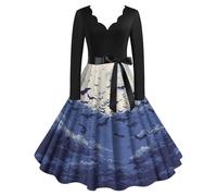 Halloween Dresses for Women Retro V Neck Long Sleeve Dresses Pumpkin Bat Witch Printed Costumes Vintage Hepburn Flared Dress Cute Novelty Gothic Cosplay Party Loose Fit Costume Light Blue