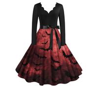 Halloween Dresses for Women Retro V Neck Long Sleeve Dresses Pumpkin Bat Witch Printed Costumes Vintage Hepburn Flared Dress Cute Novelty Gothic Cosplay Party Loose Fit Costume