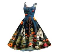 Halloween Dresses for Women Retro V Neck Sleeveless Costume Pumpkin Printed Cosplay Party Costumes Vintage Hepburn Dresses Cute Novelty Gothic Cocktail Swing Casual Flared Dress Grey