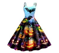 Halloween Dresses for Women Retro V Neck Sleeveless Costume Pumpkin Printed Cosplay Party Costumes Vintage Hepburn Dresses Cute Novelty Gothic Cocktail Swing Casual Flared Dress Blue