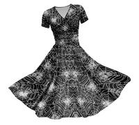 Halloween Dresses for Women Retro V Neck Sleeveless Costume Trendy Print Cocktail Swing Costumes Vintage Hepburn Dresses Cute Novelty Gothic Cosplay Party Fashion Flared Dress Grey