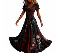 Halloween Dresses for Women UK Ladies Gothic Dress Skeleton Print Costume Short Sleeve V Neck Plus Size Costumes Funny Skeleton Printed Halloween Flowy Maxi Dress Cosplay Party