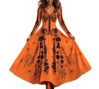 Halloween Dresses for Women UK Ladies Gothic Dress Skeleton Print Costume Short Sleeve V Neck Plus Size Costumes Funny Skeleton Printed Halloween Flowy Maxi Dress Cosplay Party