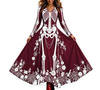 Halloween Dresses for Women UK Ladies Gothic Dress Skeleton Print Costume Short Sleeve V Neck Plus Size Costumes Funny Skeleton Printed Halloween Flowy Maxi Dress Cosplay Party