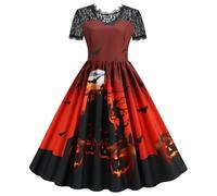 Halloween Dresses for Women UK, Women's Scary Pumpkin Ghost Graphic Print Halloween Party Costume Ladies Vintage Swing Lace Short Sleeve Witch Dress,Wine,XL,u454k