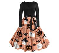Halloween Dresses for Women Vintage Long Sleeve V Neck Pumpkin Bat Ghost Printed Cosplay Party Costume Elegant Cocktail Swing A-Line Ladies Hepburn Dress